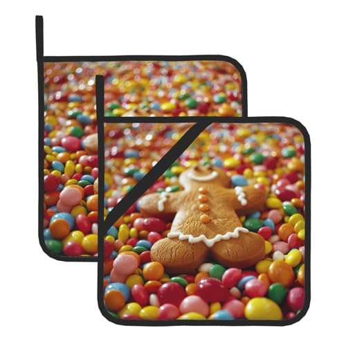 Set di 2 presine da cucina a forma di omino di pan di zenzero, con stampa di caramelle e presine, sottopentola per cucinare e cuocere