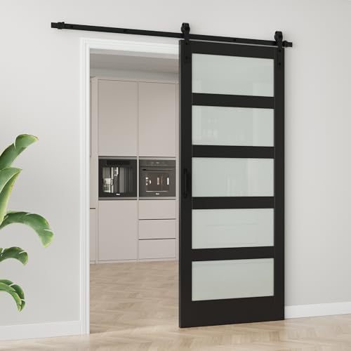 Image of 36 inchx84 inch Frosted Glass Barn Door with 6.6FT Sliding Hardware & Handle, Black