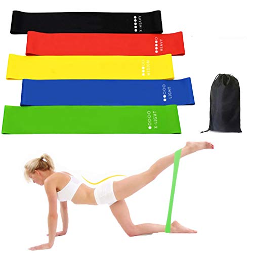 FeiLuo 5pcs Bandas de Resistencia, Bandas Elásticas Fitness de Látex Natural con 5 Niveles de Fuerza para Yoga, Pilates, Crossfit, Ejercicio de Fuerza en Piernas y Caderas, con Bolsa Almacenamiento