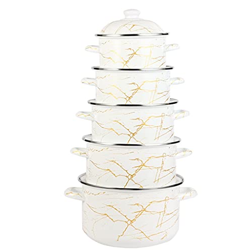 CCKUYT Olla para estofado de 5 Piezas, Dos Estilos, esmaltada, para Leche, Juego de ollas para hervir, esmaltada Multicapa, de Doble Oreja, Gruesa y Recta