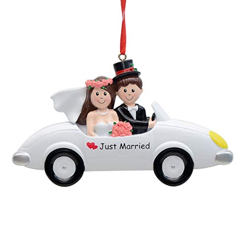 Personalized Just Married Wedding Car Christmas Ornament Brown Hair Wedding Couple Ornament Our First Christmas Keepsake Gifts For Valentines Day, Newlywed, Bridal Shower #TOP30