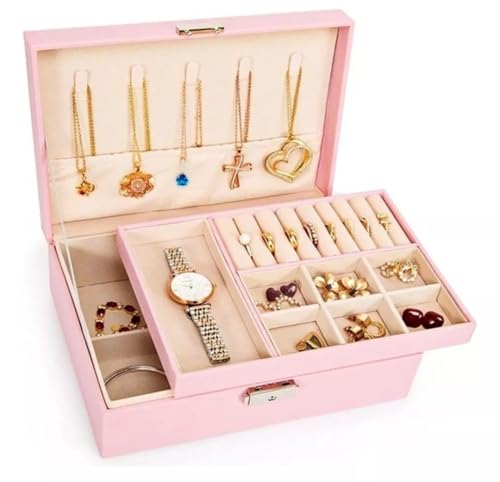Amarme - Maleta Porta Joias Rosa Elegance Interior em Veludo com Tranca. Estojo Organizadora Grande