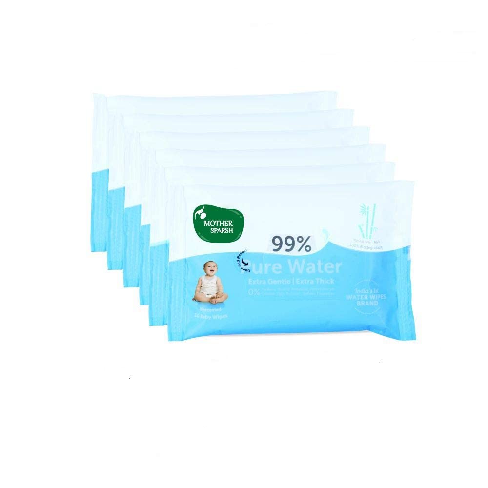 Mother Sparsh Thick Fabric Baby Water Based (Unscented) Wipe (Blue, 10 Wipes) - Pack of 6
