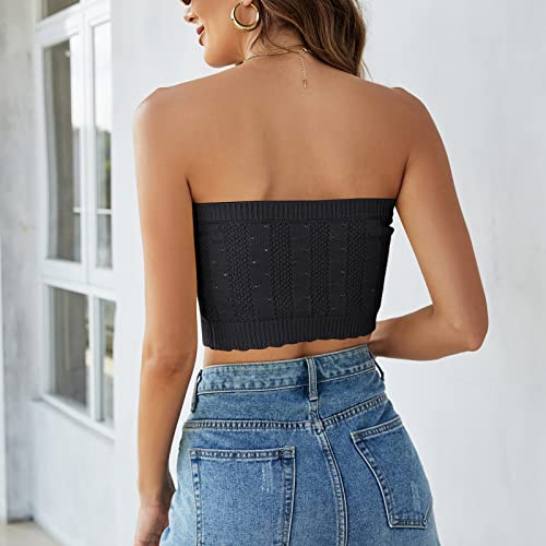 EBTOOLS Colete feminino tomara-que-caia curto de crochê liso sem alças, Preto, P