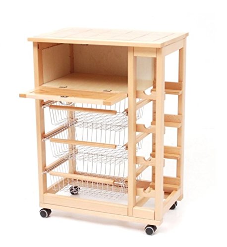 CARRELLO CON CASSETTO PORTAPANE PIù CESTELLI PORTAFRUTTA LEGNO MASSELLO VARIE FINITURE (WENGE') (NOCE)