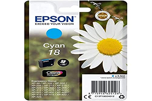 Epson 18 Pâquerette Cyan, Cartouche d'encre d'origine, XP-30 XP-102 XP-202 XP-205 XP-212 XP-215 XP-225 XP-302 XP-305 XP-312 XP-315 XP-322 XP-325 XP-402 XP-405 XP-412 XP-415 XP-422 XP-425