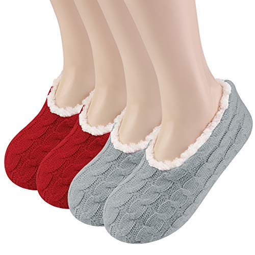 2 Pairs Womens Slippers Socks with Grippers, Non slip Winter Fluffy Fuzzy Slipper socks for women