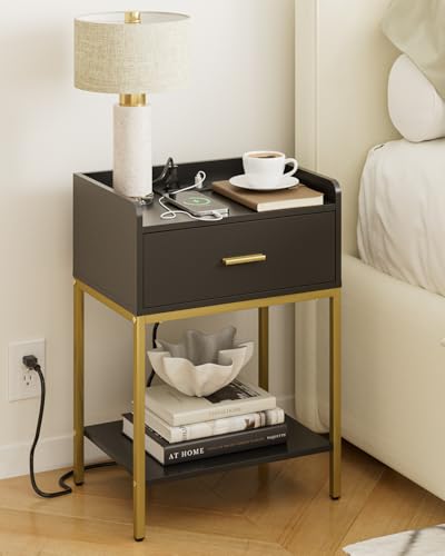 Image of Masupu Nightstand with Charging Station,3-Tier Modern Bedside Night Stand with Storage Drawer and Shelf,Small End Side Table for Bedroom,Living Room,Gold and Black