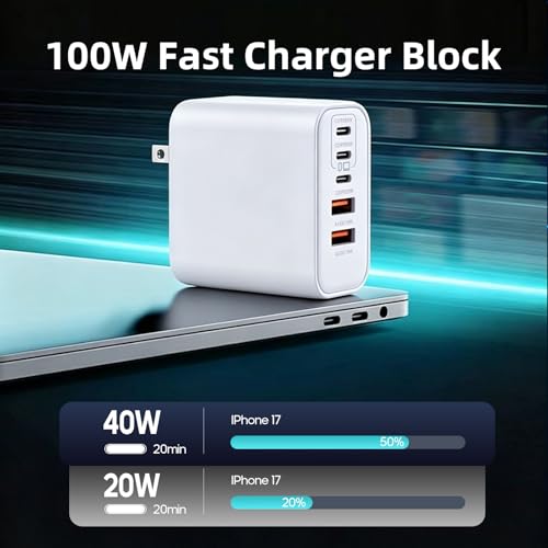 Image of Super Fast USB C Charger Block,100W 5-Port USB C Phone Charger Power Adapter Plug,2Pack Multiport Type C Wall Charger Cubes for iPhone 17 Pro Max /17 Pro /17 Air,16 Pro /16e /15 Plus,MacBook,Android Phone