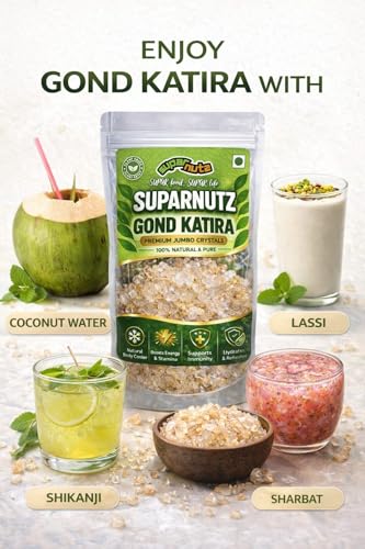 Image of Suparnutz Gond Katira Natural Edible Gum | Tragacanth Gum Crystals for Summer Drinks Sharbat Lassi and Desserts like Kheer | Helps in cooling the body | No Added Sugar or Preservatives | 250g