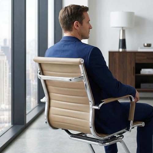 Image of Reception Chairs No Wheels Leather Conference Chair Heavy Duty Back Support Office Guest Chair, Set of 2 (Light Brown)