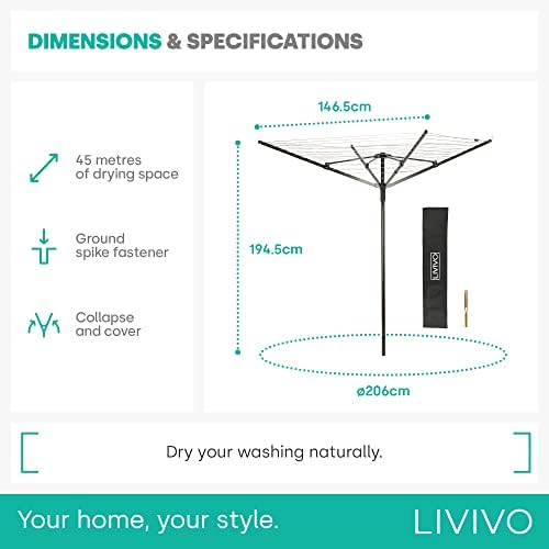 LIVIVO ® Outdoor Garden 4 Arm 45m folding Rotary Washing Line Clothes Airer Dryer with Free Ground Spike and Cover (Black)