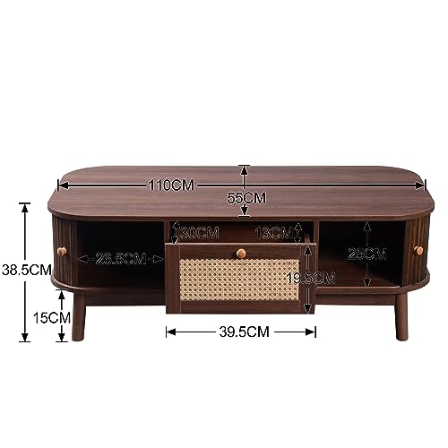 Table Basse 110x55 Bois Massif Rotin Noyer Merax
