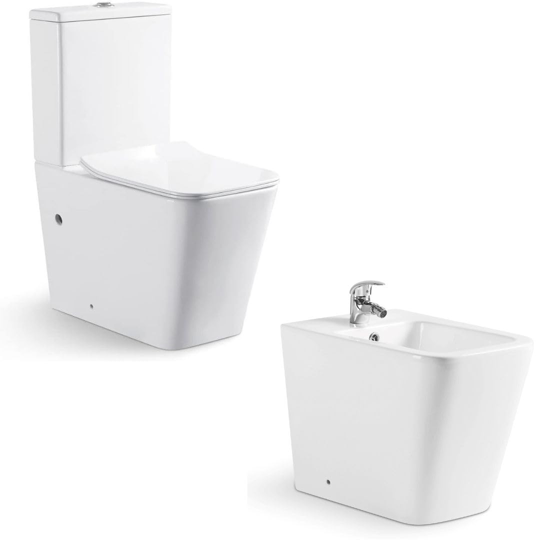 INODORO Completo con BIDET, Inodoro y Bidet Blanco, Pack Wc Inodoro, Retrete con Bidet para Hogar, Sistema Rimless Antibacterias, Tapa Dura Extrafina Amortiguada, Salida Dual