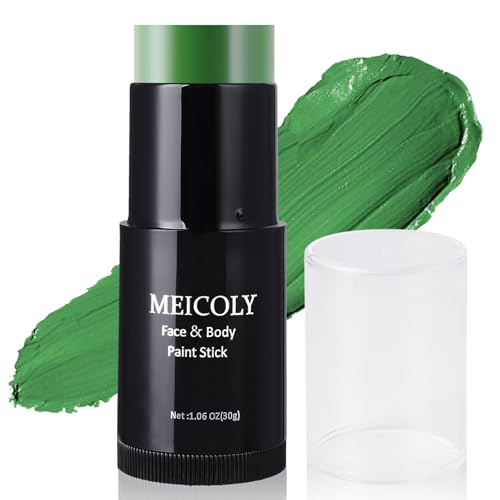 MEICOLY St Paddys Green Face Body Paint Stick(1.06 Oz) St.Patricks Day Accessories Green Face Paint for Halloween Elphaba Witch Makeup Hunting Hulk Camo Face Paint Green Eye Black