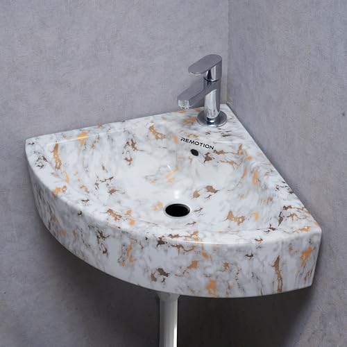Image of REMOTION Ceramic Wall Hung Corner Wash Basin for Bathroom | Wall Mounted Corner Sink (20.4 x 15 x 6 Inch) (White Gold Spot)
