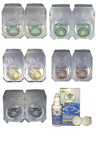 Monthly Color Contact Lens Zero Power with Lens Case Combo Pack of 5 Pair blue-grey-honey-green-Turquoise