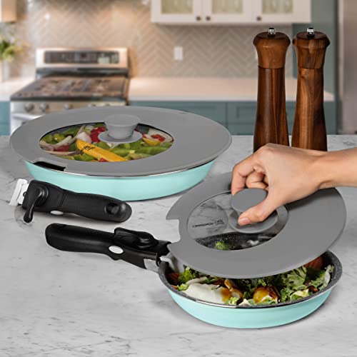Loreso Silicone Glass Lid For Pots & Pans, Grey Pack Of Two - Universal Lid For Pots Pans & Skillet 6 To 11 Inches With Removable Side Handle, Tempered Glass Lid With Side Handle Cut, Food Safe Silicone, Cool Touch Handle And Dishwasher Safe #TOP1