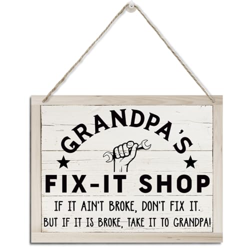 Grandpa Gifts, Grandpa Wooden Sign for Father's Day, Rustic Hanging Wood Plaque Sign, Tool Room Decor, Funny Decor for Grandpa Workshop, Home Garage Decor, Grandpa's Fix-It Shop Hanging Sign