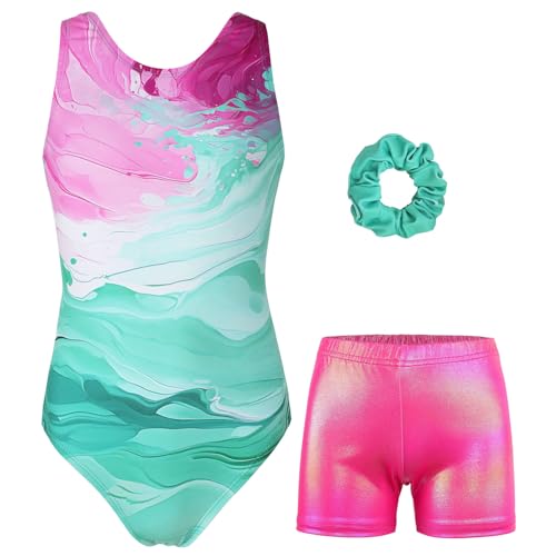 Image of MODAFANS Leotards for Girls Gymnastics with Shorts Dance unitards Tumbling Biketards with Hair Scrunchie for3-13T