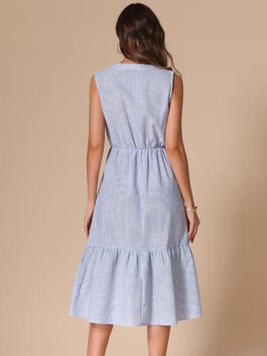 Image of Allegra K Striped Shirt Dresses for Women's Sleeveless Work V Neck Ruffleed Midi Dress