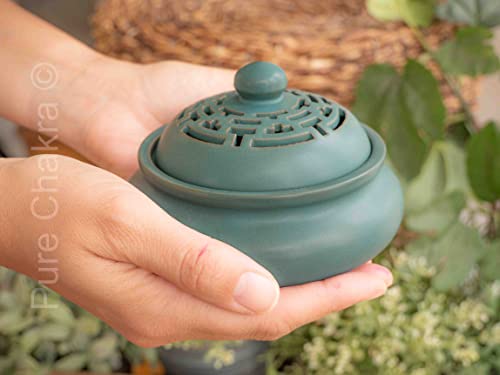 4.5" Wide Round Ceramic Incense Burner Bowl | Stick Rope Dhoop Cone Ash Catcher | Traditional Chinese Design Meditation (Green) #TOP5