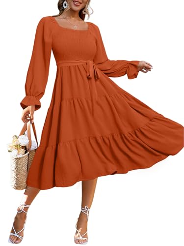Image of Simplee Womens Long Sleeve Maxi Dress Casual Square Neck Smocked Flowy Fall Wedding Guest Dresses