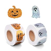 1000pcs Halloween Stickers Roll, Sparkly Ghost & Pumpkin Stickers Waterproof Self-Adhesive Paper Decals for Halloween Party Supplies Envelope Scrapbook Decor