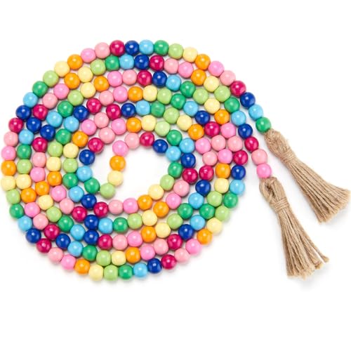 Image of Equsion Wooden Bead Garland with Tassels, Extra Long Fireplace Wood Bead Garlands Rustic Farmhouse Vintage Boho Beads Garland for Party Home Decor Tiered Tray Decorative Beads(Rainbow Color)