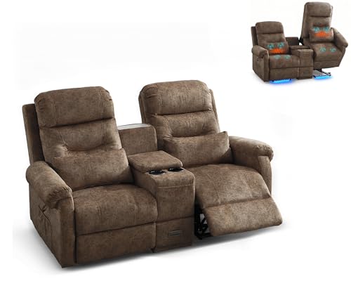 OQQOEE Power Lift Recliner Loveseat Sofa for Elderly, Dual Motor Electric Recliner with Massage & Heat, 2-Seater Velvet Couch with Independent Control, Console, Cup Holder & Power Outlet (Brown, 69”)