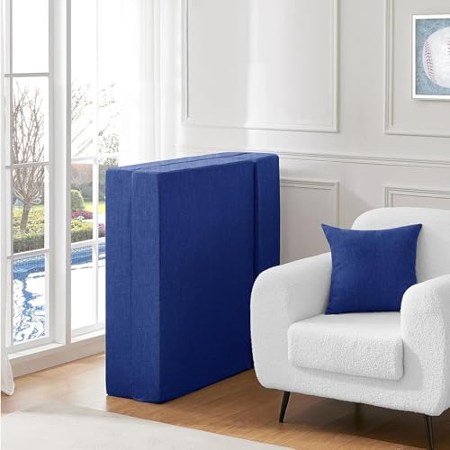 Image of Los Angeles Foldable One Seater Sofa Cum Bed, Sofa Bed 3 X 6 Feet, Jute Fabric- Washable Cover Including 1 Cushion Perfect for Home & Office - Blue
