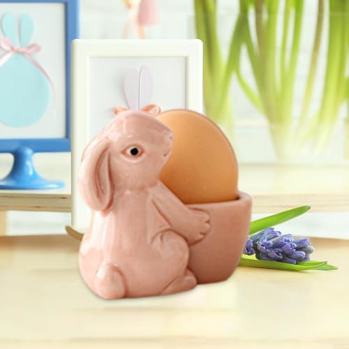 Leefasy Ceramic Rabbit Egg Cup for Soft Boiled Egg,Porcelain Single Egg Stand Holder for Serving, Breakfast, Brunch - Home Decor Kitchen Utensils Easter Bunny Egg Stand Decoration - Pink