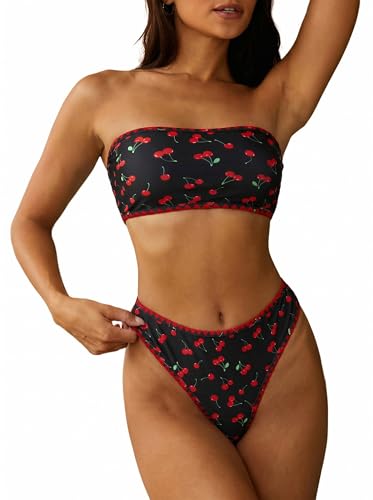 Image of ZAFUL Women Strapless Textured Bandeau Bikini 2 Piece Swimwear Cheeky Solid Lace up Bathing Suits