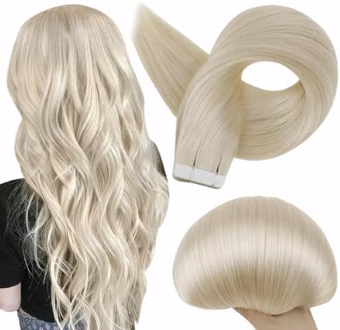 Full Shine Fashion Tape Hair Extensions Real Human Hair Couture Short 12 Inch Color 60 Platinum Blonde in Remy 20 Pcs 30G Thick Ends Piece Invisible Seamless Human Hair Extensions Tape in