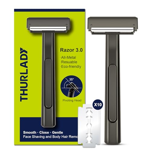 THURLADY Stainless Steel Razors for Men and Women, Dual-Blade Safety Razor with Pivoting Head, Reusable Eco-friendly Metal Shaving Razor, Smooth Close Clean Shave, with 10 Blades, Matte Black