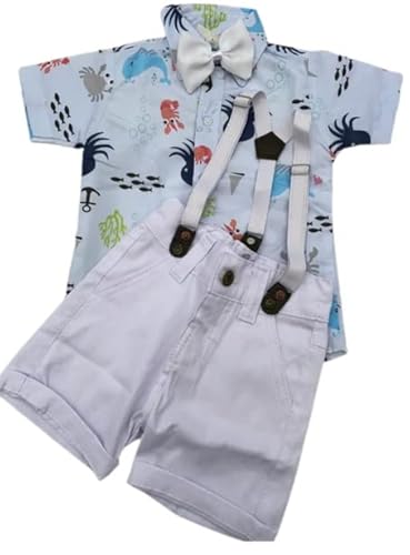 Fundo do Mar Kit Roupa Conjunto Infantil Menino 4 Peças Camisa Gravata Bermuda e Suspensório Anivers