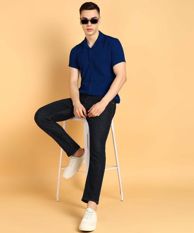 Image of COMBRAIDED Men's Solid Cotton Blend Half Sleeve Shirt - Regular Fit Casual Button-Down Shirt for Office & Travel - Summer & Spring