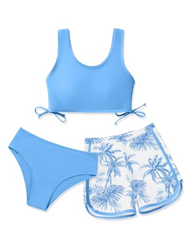 Image of Girl's 3 Piece Bikini Bathing Suit Printed Sport Swimsuits with Shorts Cove Up Sets Teen Girl's Swimwear