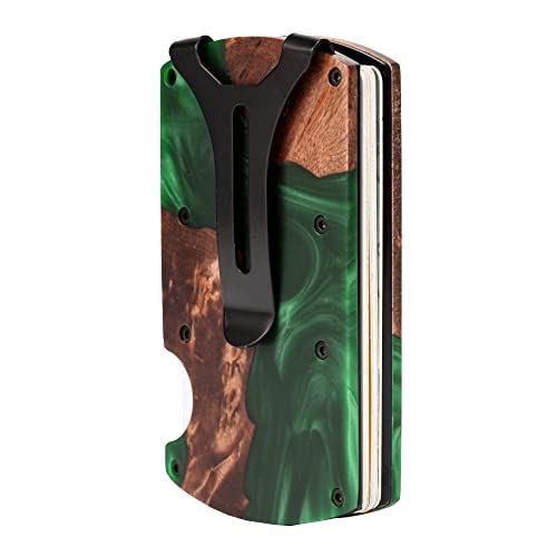 Image of Minimalist Wallet for Men, Slim Metal RFID Blocking Wallet Credit Card Holder Money Clip & Cash Strap, Scratch-Resistant Holds 15 Cards,Ideal Gift for Men | Resin Wood, Unique Pattern,Green