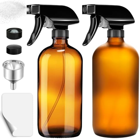 FLORL OCEAN 2 Pack Glass Spray Bottles 16 oz, Trigger Empty Spray Bottles Refillable with Funnel, Bottle cap, Labels for Cleaning Solutions, Plants, Essential Oils (2Pcs (Amber+Frosted amber))