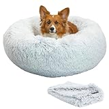 Best Friends by Sheri Bundle Set The Original Calming Shag Donut Cuddler Cat and Dog Bed + Pet Throw Blanket, Frost, Medium, 30x30