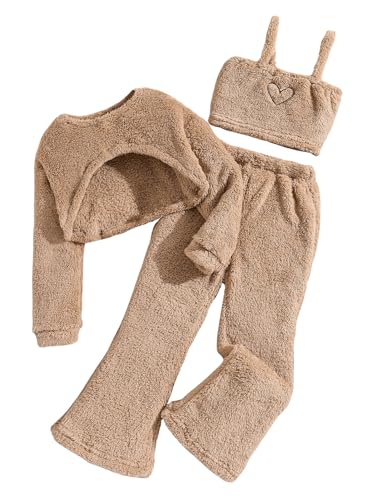 Image of SweatyRocks Girl's 3 Piece Outfits Long Sleeve Crop Sweatshirt and Cami Crop Top with Flared Pants Fuzzy Set