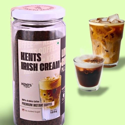 Image of Kents Coffee Irish Cream Instant Coffee | 100% Arabica Beans | No Added Sugar & No Chicory | Low Acidic Strong Coffee | Non-Alcoholic Irish Flavour for Hot, Iced Latte & Frappe (100g)
