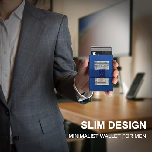 Image of TOYFID Minimalist Wallet for Men,Slim Wallet Compatible with AirTag,Card Holder Metal Wallet,Pop Up Wallet,Metal Card Holder,Quick Access Card,Rfid Blocking Protection,Hold 12+ Credit Cards (Blue)