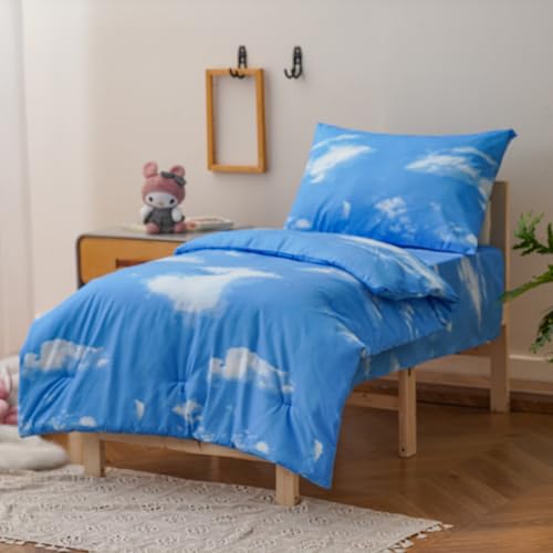 Image of Luxlovery Toddler Comforter Set White Blue Cloudy Kids Bedding Set Bed Set for Dorm 4 Pieces (1 Comforter, 1 Flat Sheet, 1 Fitted Sheet, 1 Pillowcase)