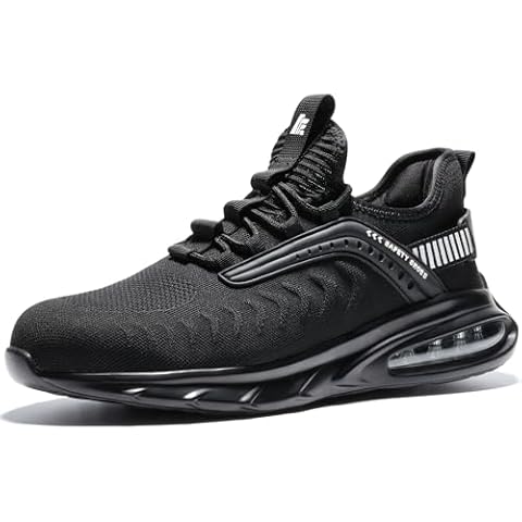 Steel Toe Shoes for Men Work Women Lightweight Air Cushion Sneakers Slip Resistant Safety Work Boots Indestructible Shoes Black Cover