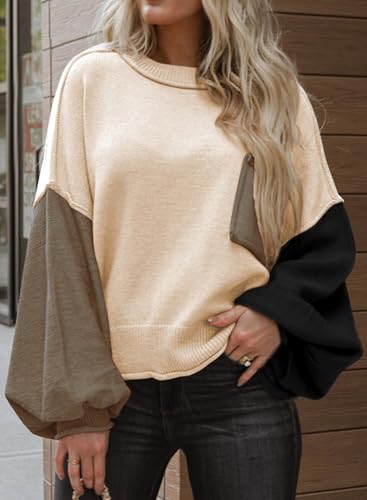 Image of Dokotoo Women's Sweater Tops 2026 Ribbed Knitwear Lantern Pullover Sweater | Fall Winter Outfits,Bell Sleeve,Crewneck,Lightweight Knit Pullover,Soft Comfy Tops,Teacher Vacation
