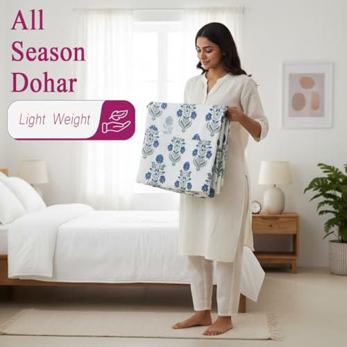 Image of Trance Home Linen Premium 100% Cotton Dohar for Single Bed | 150 GSM | Reversible Ac Comforter | Light Weight All Season Soft Blanket (58x90 Inches | Aangan Blue White)