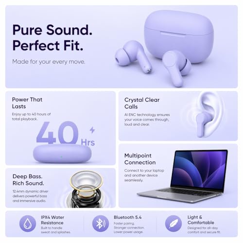 Image of Lynacz Original Premium Bluetooth Earbuds T200 Lite Compatible with Realme, iQOO, Oppo, Vivo with Hi-Res Audio, 12.4mm Dynamic Bass Drivers, ANC & 48 Hours Playback (Aurora Purple)