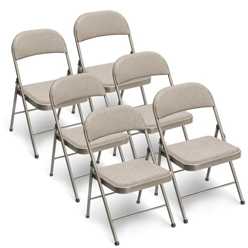 Gartenstühle 6er set Klappstuhl Campingstuhl bis 158 kg, Metall Gartenstuhl Stapelbar mit Stoff-Kissen, Multifunktional Stuhl für Gärten Balkon Küchen Esszimmer Terrassen, Outdoor Klappsessel, Khaki